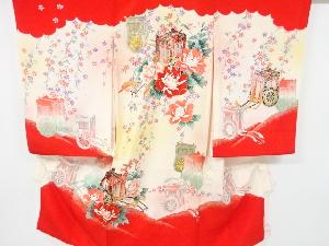 アンティーク　御所車に牡丹・桜模様着物(内袖・長襦袢付き)